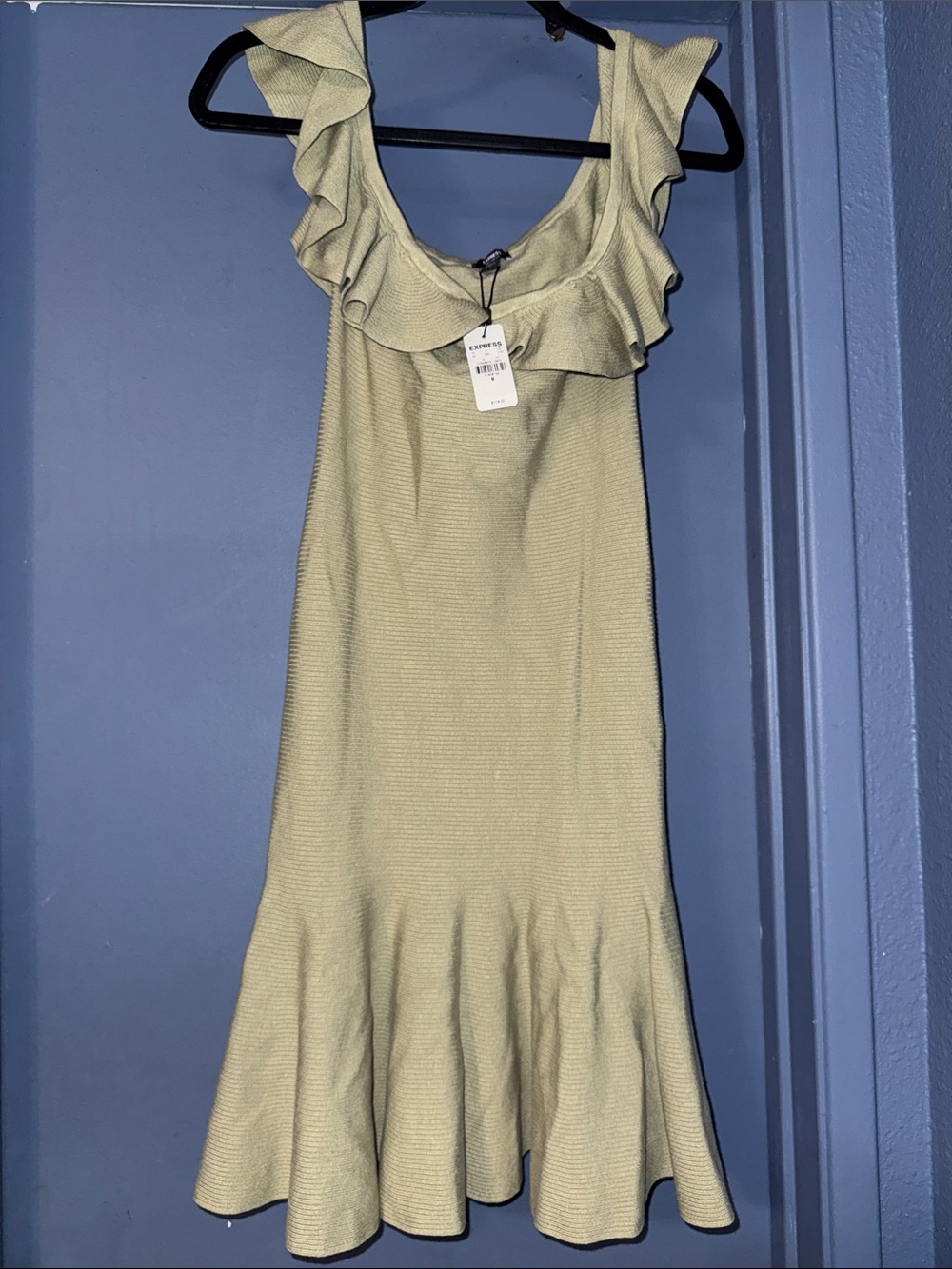 Express Light Sage Ruffle-Trim Sleeveless Midi Dress